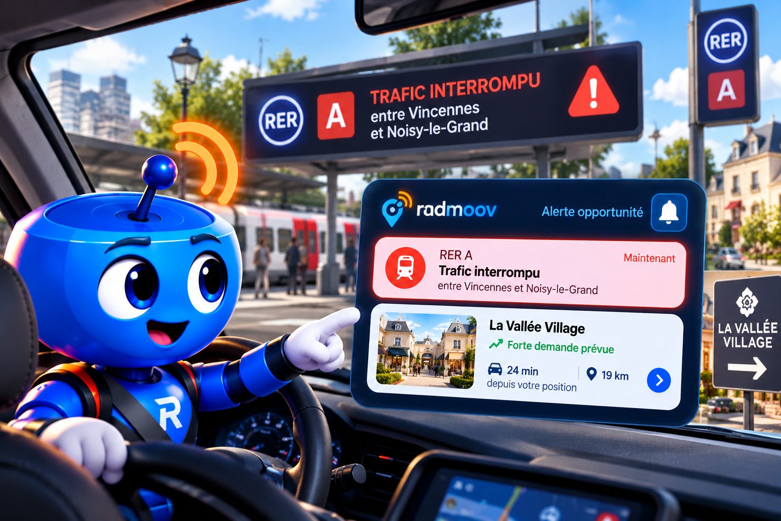 La mascotte Radmoov au volant reçoit une alerte RER A interrompu, et une notification Radmoov signalant une forte demande prévue à La Vallée Village, à 19 km et 24 min
