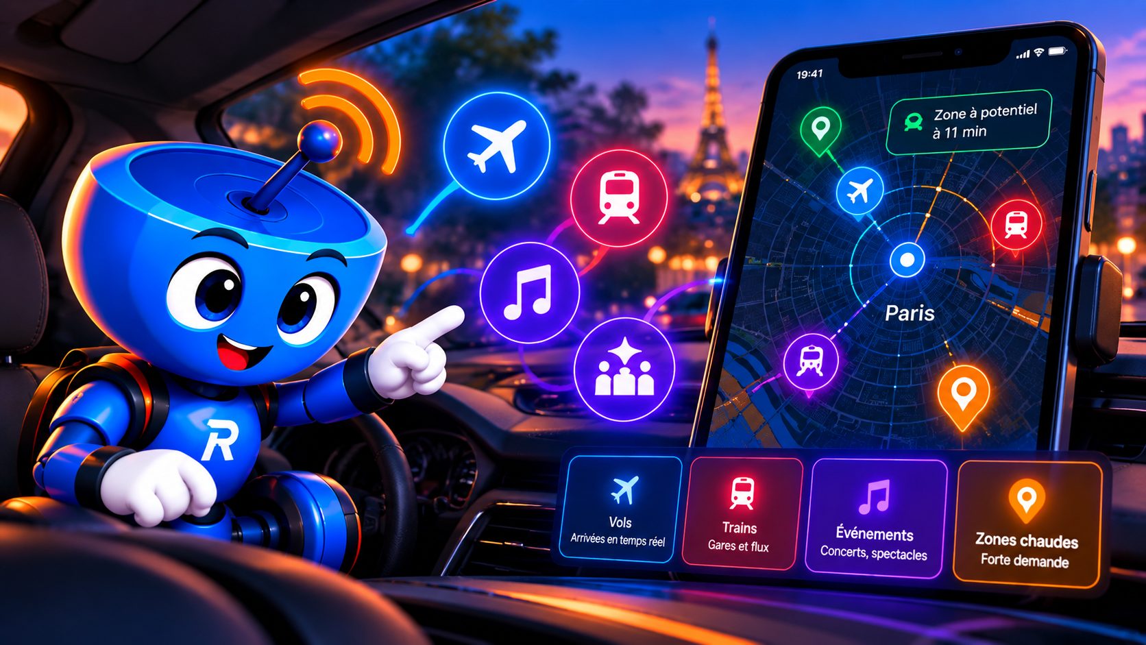 La mascotte Radmoov en voiture, entourée d'icônes vols/trains/événements/zones et d'un aperçu de carte avec Paris en fond