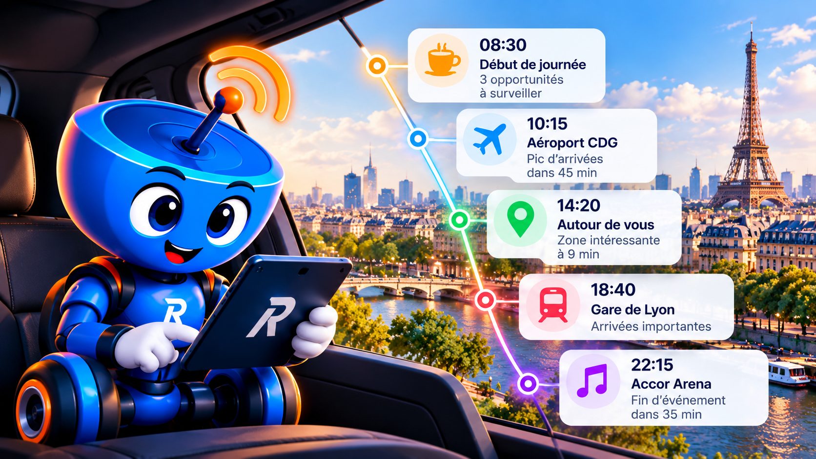 La mascotte Radmoov sur la banquette arrière, tablette en main, avec les rendez-vous de la journée affichés au-dessus de Paris
